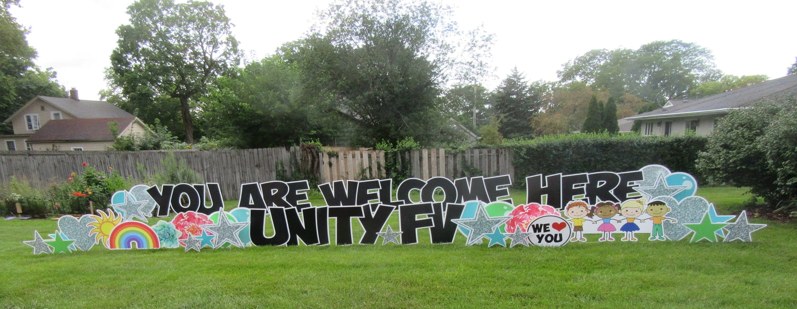 You Are Welcome Here sign with Unity of Fox Valley community artwork