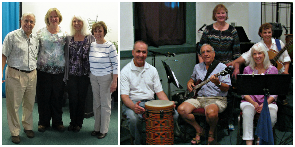 Music ministry members standing together and playing guitar, drums, and bass