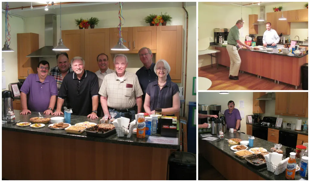 Volunteers in the church kitchen with pies, coffee, and fellowship food