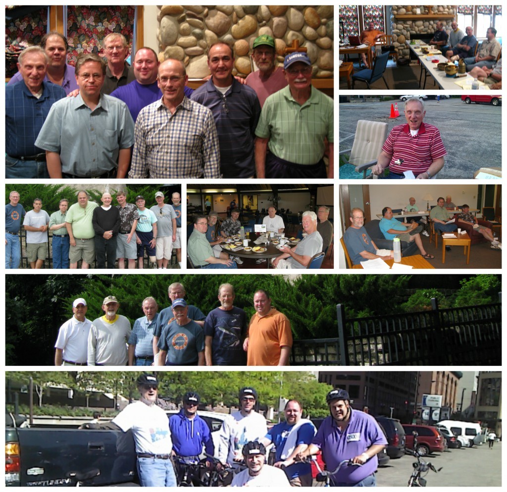 Men's group gathering for photos, meals, conversation, and a bike ride