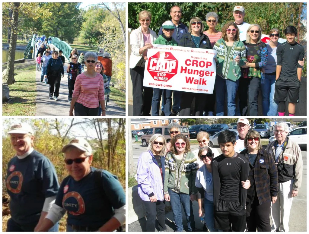Church members walking in the CROP Hunger Walk and gathering around a Support the CROP Hunger Walk banner